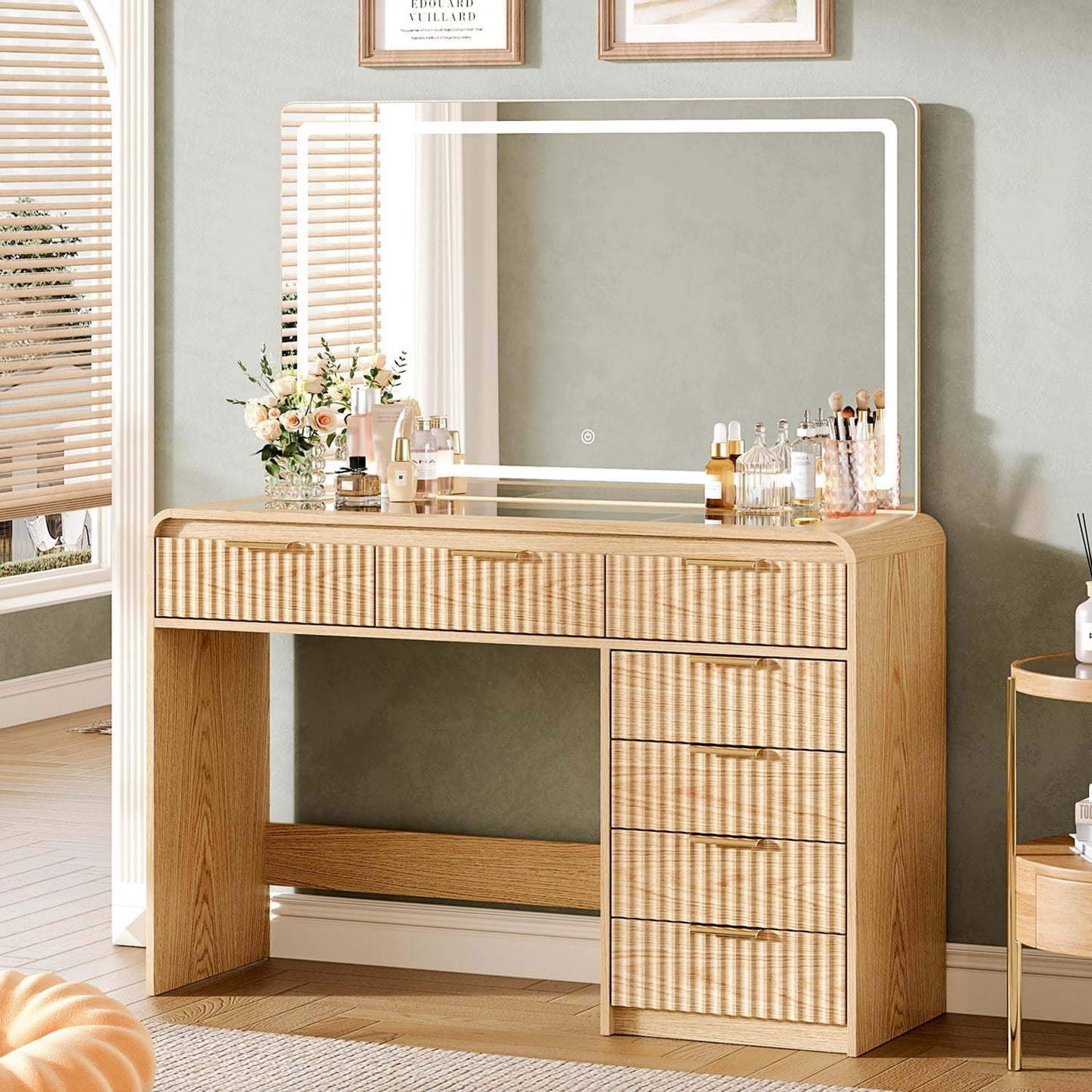 47“Makeup Vanity Desk with 44.8" Mirror and Lights, Vanity Desk with 7 Drawers, Makeup vanity table with a glass tabletop, 3 Color Modes & Adjustable Brightness Dressing Table, Bedroom,Oak515