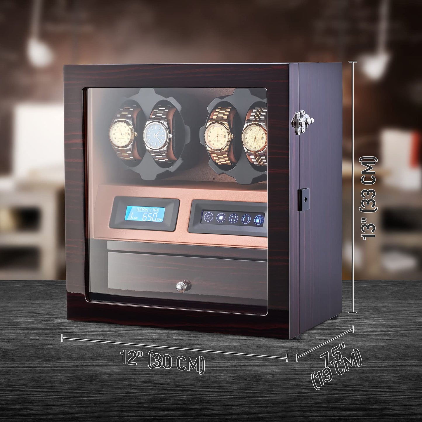 4 Watch Winder with 5 Watch Storage Space, LCD Display, Touch Control and Interior Light (Ebony + Brown)