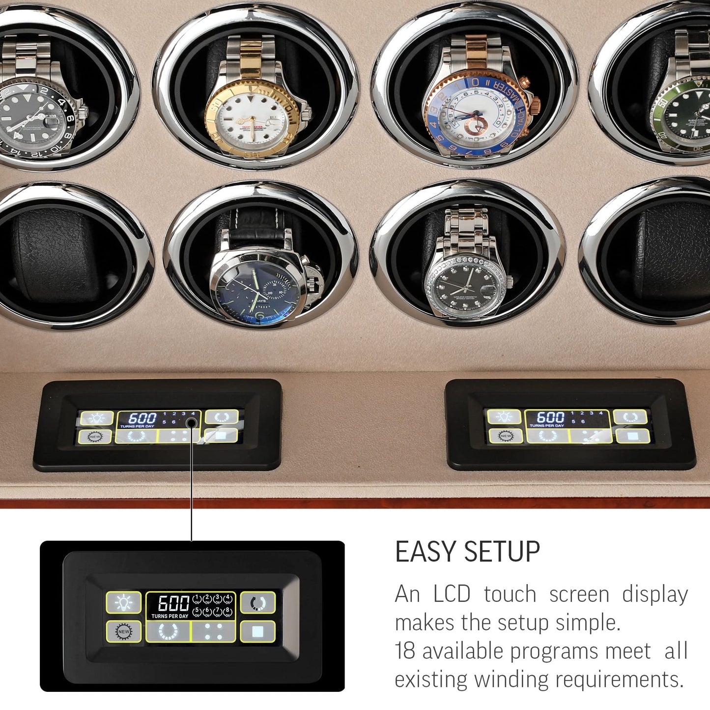 Watch Winder for 16 Automatic Watches with LED Backlight and LCD Touchscreen Control (Dark Burl + Beige)