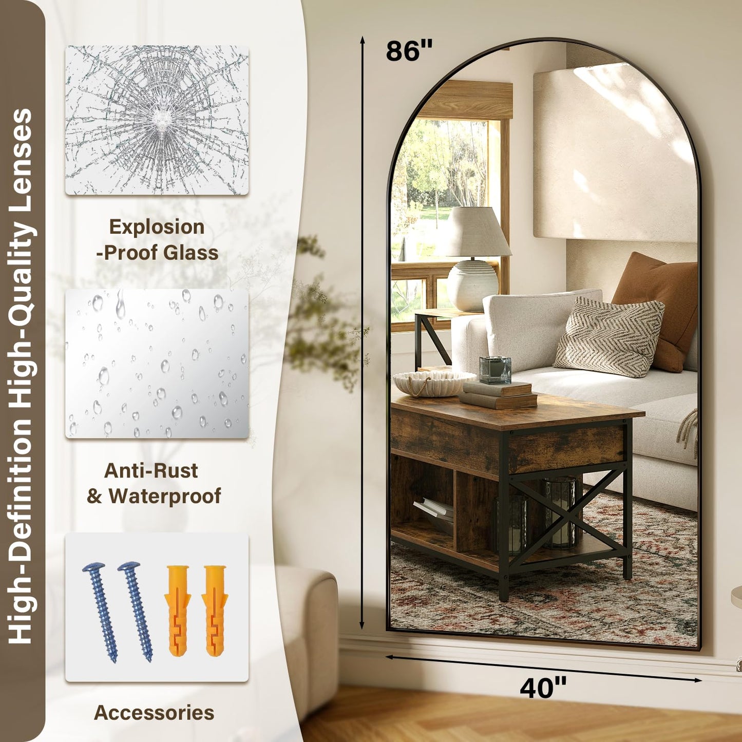 XRAMFY 86"x40" Arched Full Length Mirror Floor Mirrors with Aluminum Alloy Frame Free-Standing Wall Mounted Floor Mirrors or Large Dressing Mirror, Black Mirror Full Length