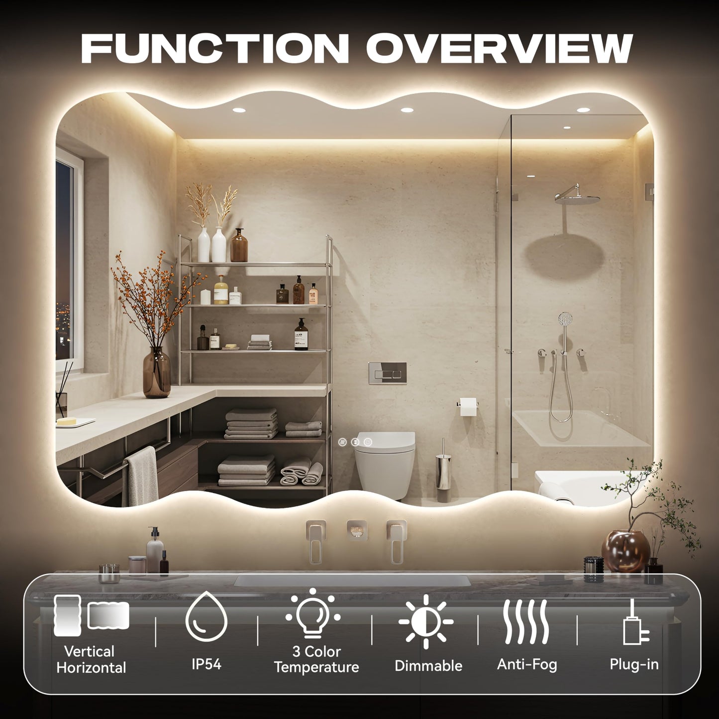Hasipu Wavy Full Length Mirror with Lights - 55"×30" LED Wavy Floor Mirror, Frameless, Dimmable, Standing or Vertical/Horizontal Wall-Mounted Mirror for Bedroom, Living Room, Cloakroom