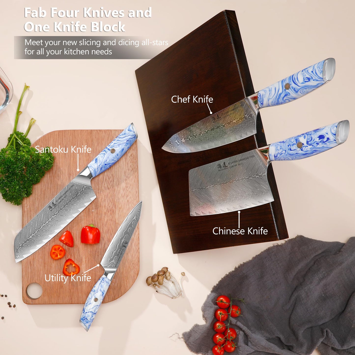 SHANGDAO Damascus Kitchen Knife Set with Magnetic Knife Block, 5 PCS Razor Sharp Kitchen Knives Made of Japanese Damascus Steelwith Block, Full Tang Ergonomic Resin Handle Chef Knife With Gift Box