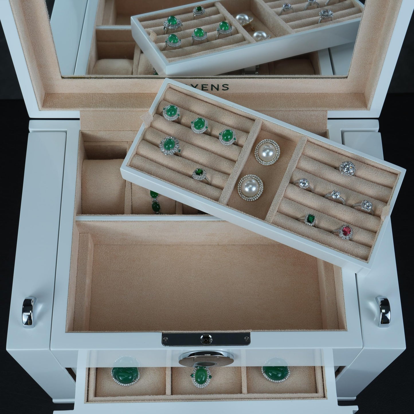 SYENS White Wood Jewelry Box, Large Size, Fingerprint Unlock, Seven Level Jewelry Organizer with Necklace Hanger and Mirror, High Gloss Lacquer Finish (5L-WT)