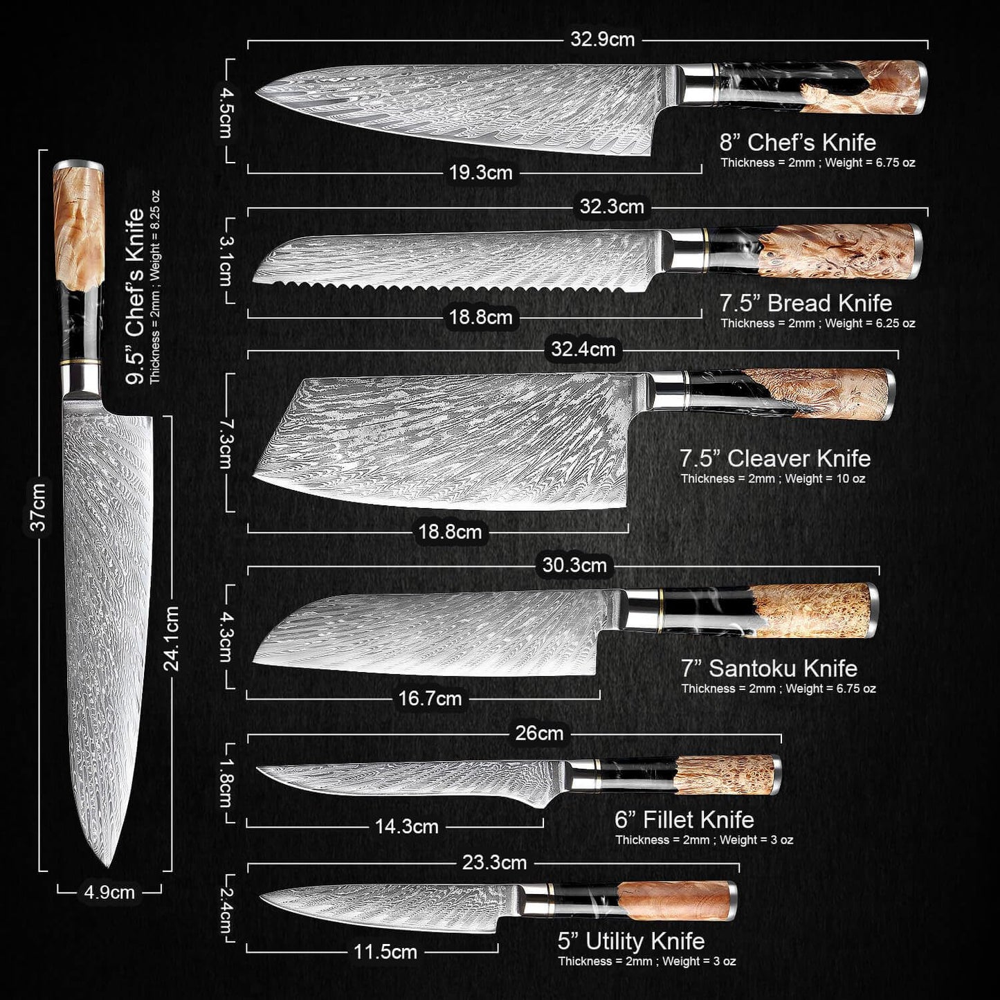 SENKEN 7-Piece Damascus Kitchen Knife Set - Tsunami Collection - 67-Layer Japanese VG10 Steel - Chef's Knife, Cleaver, Santoku, Bread, Boning, & More (Black Resin Blend)