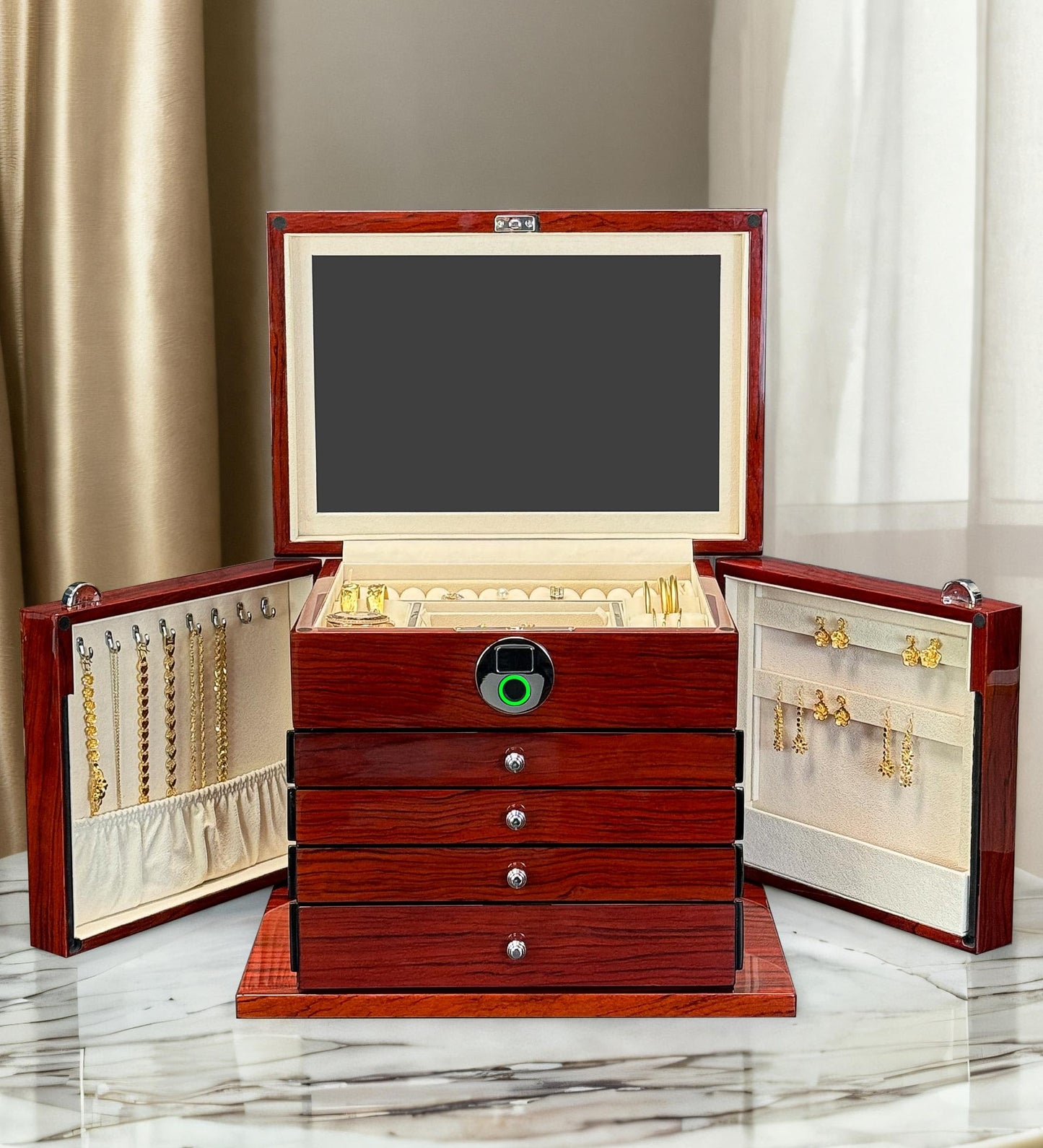 SYENS Jewelry Box Wood Jewel Organizer with Fingerprint Lock Safe, 7-Layer Large Locking Jewelry Storage Box with Necklace Hanger for Women Mens Gift (5L-RS)
