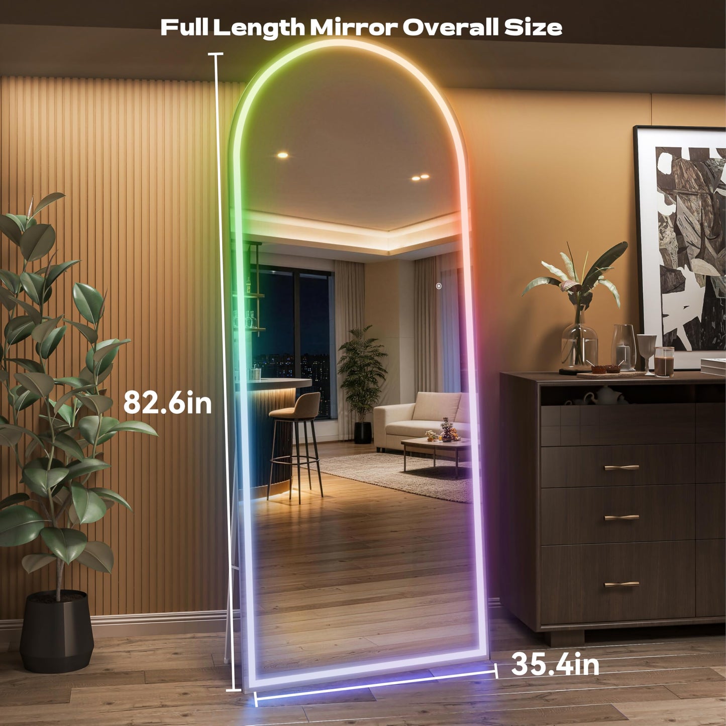 Hasipu Arch Full Length Mirror 83 x 36 in with Stand — Arch LED RGB Full Body Mirror, 7 Lighting Modes, Dimmable, Built‑in Bluetooth Speaker, White Frame for Bedroom Dressing Room