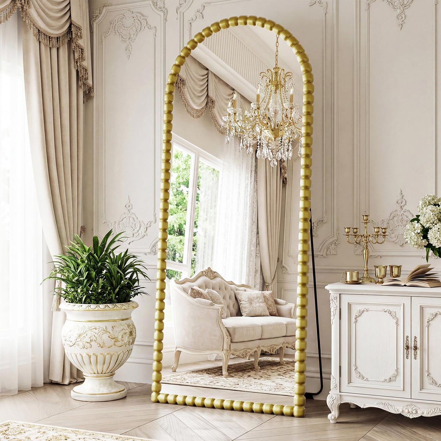 FlyEcho Arched Full Length Mirror, 71"x28" Antique Beaded Full Body Mirrors, Large Floor Mirror with Stand, Hanging Mounted for Bedroom Living Room Cloakroom Hallway Decor, PU Frame, Gold