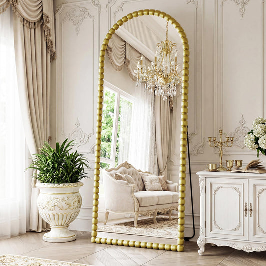 FlyEcho Arched Full Length Mirror, 71"x28" Antique Beaded Full Body Mirrors, Large Floor Mirror with Stand, Hanging Mounted for Bedroom Living Room Cloakroom Hallway Decor, PU Frame, Gold