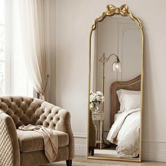 Scoffee Gold Full Length Wall Mirror, Arched Standing Mirror with Bow, Vintage Ornate Full Body Dressing Mirror for Bedroom, Living Room, Entryway Decor 63" L x 21"