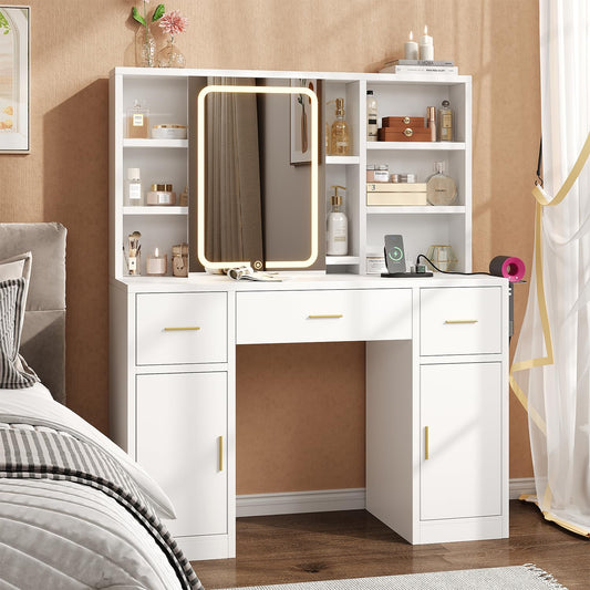 knoworld Vanity Desk with Sliding Mirror & LED Lights, Smart Makeup Table with Charging Station, Hairdryer Holder, 7 Shelves, 3 Drawers, 2 Cabinets, Vanity with Extra Hidden Stroage for Bedroom,White