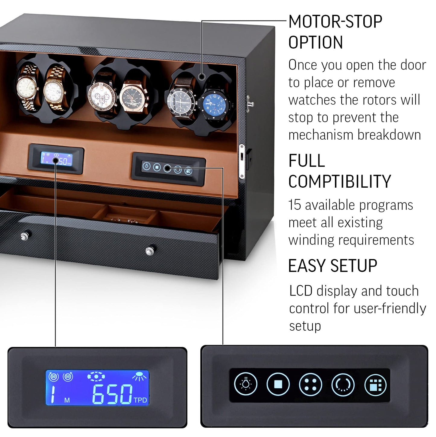 Automatic Watch Winder with 6 Storage Slots, LED Light and Automatic Motor-Stop Option