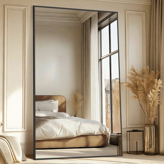 Mirrorons 76"x44" Oversized Black Full Length Mirror, Floor Standing or Wall Mounted with Hanging Kit, Shatterproof Tempered Glass Mirror for Living Room, Bedroom, Dressing Room, Gym
