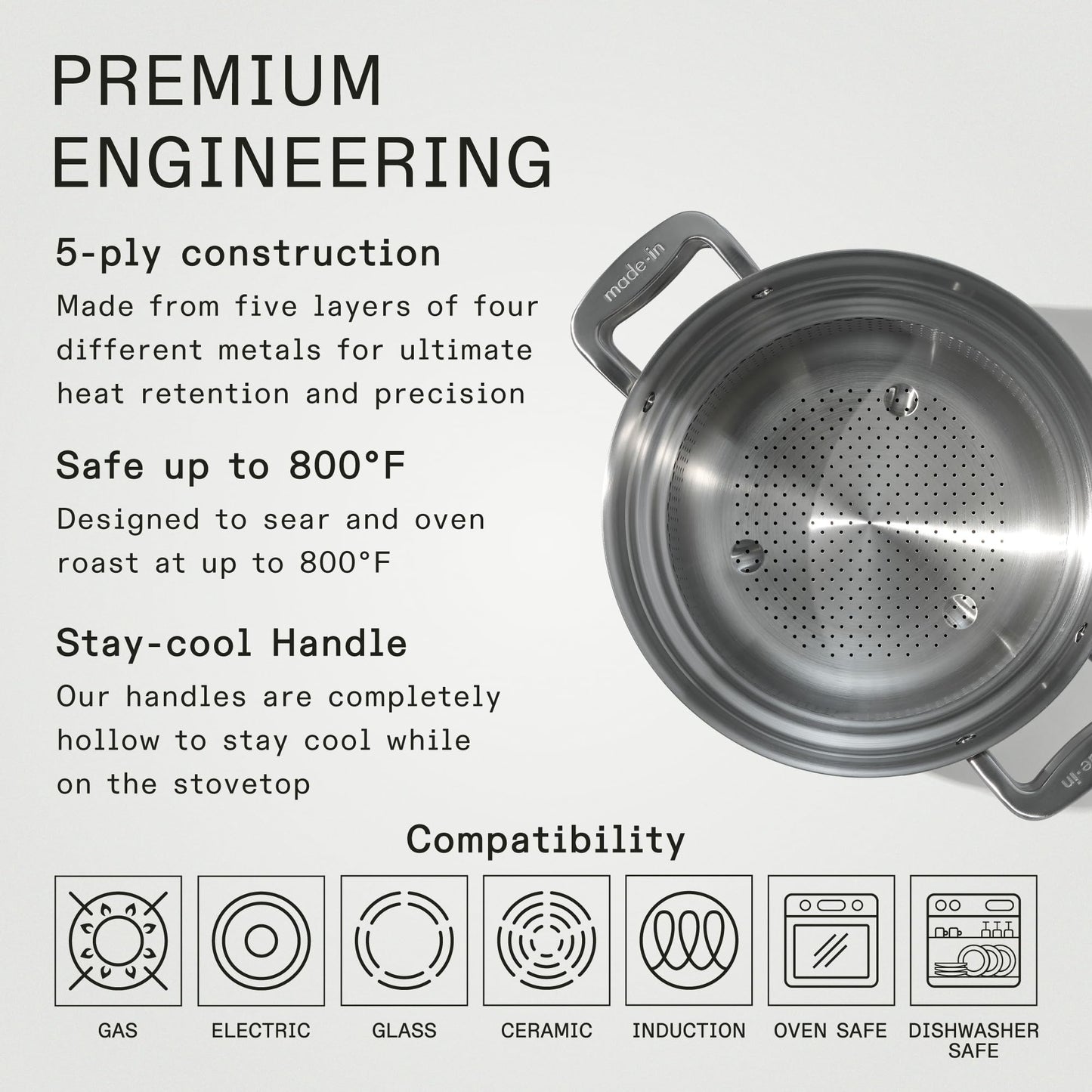 Made In Cookware | 8 Quart Stainless Steel Stock Pot With Lid and Pasta Insert | 5 Ply Stainless Clad | Professional Cookware | Crafted in Italy | Induction Compatible