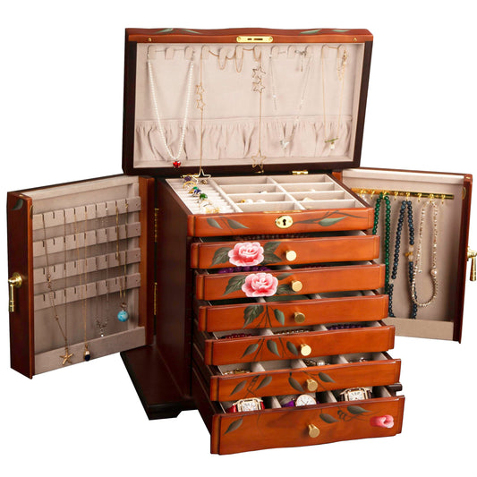 Xloverise Hand-Painted Wooden Jewelry Box,jewelry boxes for women，jewlrey box&organizers with necklace hanger,jewerly organizer,10-layer large capacity jewelry storage box for jewelry