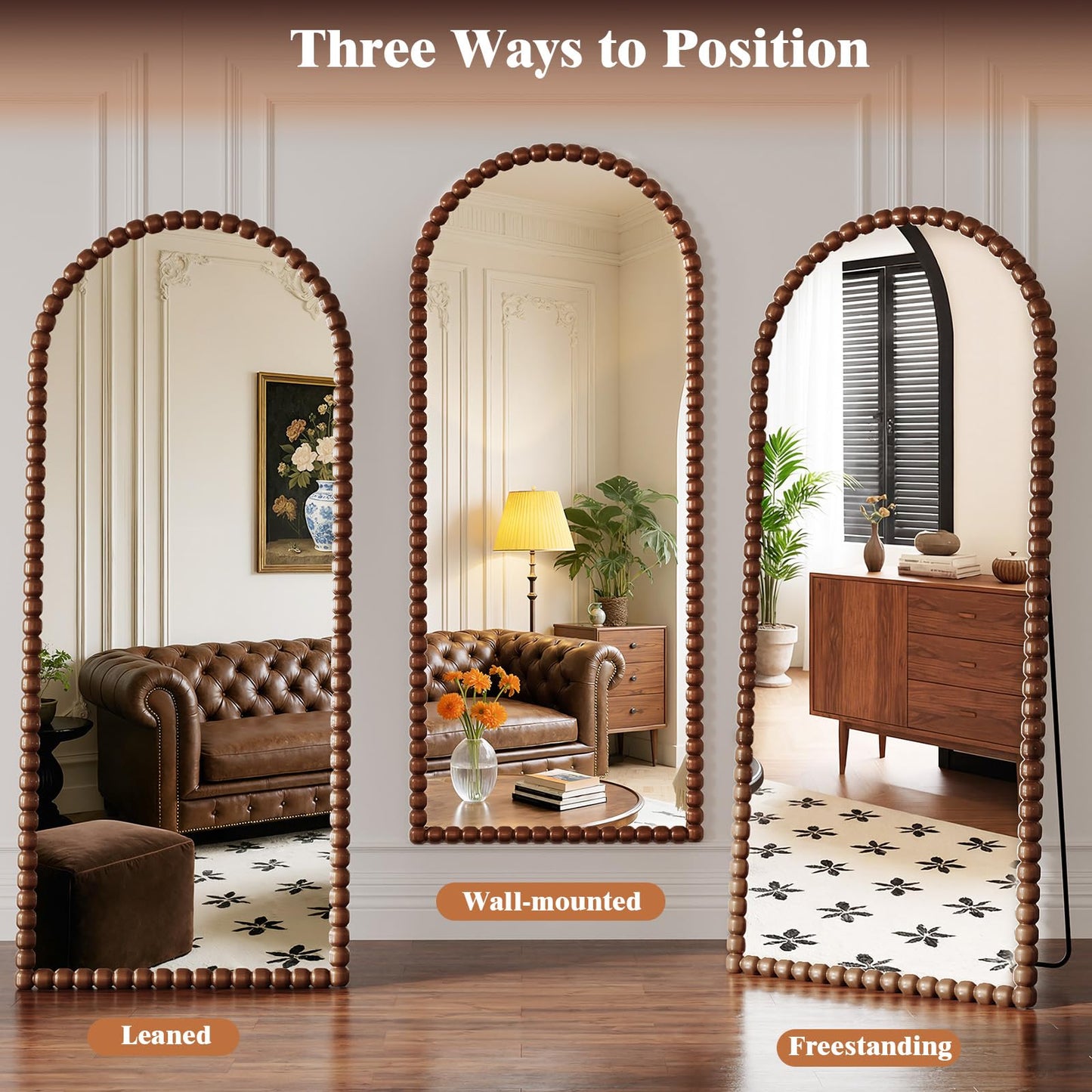 FlyEcho Arched Full Length Mirror, 71"x28" Antique Beaded Full Body Mirrors, Large Floor Mirror with Stand, Hanging Mounted for Bedroom Living Room Cloakroom Hallway Decor, PU Frame, Brown