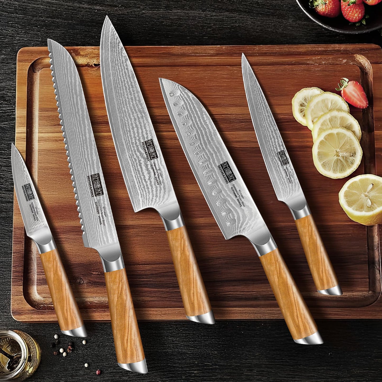 HOSHANHO 5 Pieces Kitchen Knife Sets, Ultra Sharp Professional Damascus Super Steel Chef Knives Sets with Ergonomic Olive Wood Handle, Including Chef, Bread, Santoku, Utility & Paring Knives