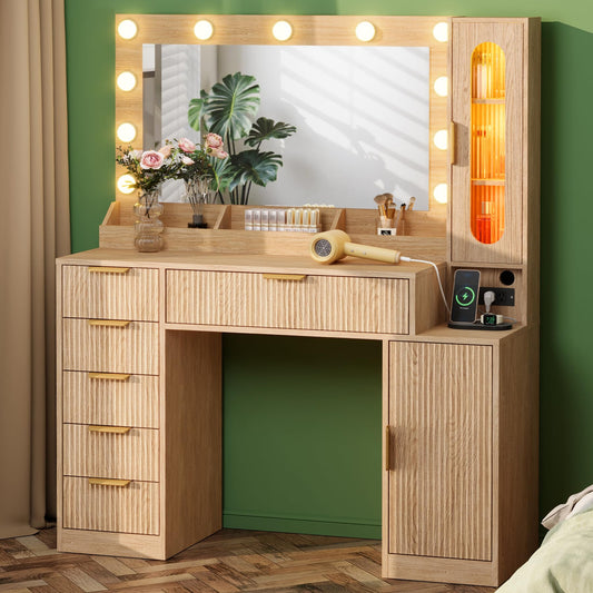 Fkhouse Fluted Makeup Vanity Desk with Large 31.4" Mirror and Sound Sync RGB Lights, Wood Vanity with 6 Drawers, 2 Cabinet & 3 Compartments, Charging Station, Bedroom Dressing Table, Natural Oak