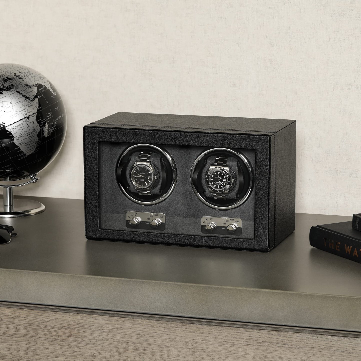 ROTHWELL Double Watch Winder for Automatic Watches with Quiet Motor with Multiple Speeds and Rotation Settings (Black/Grey)