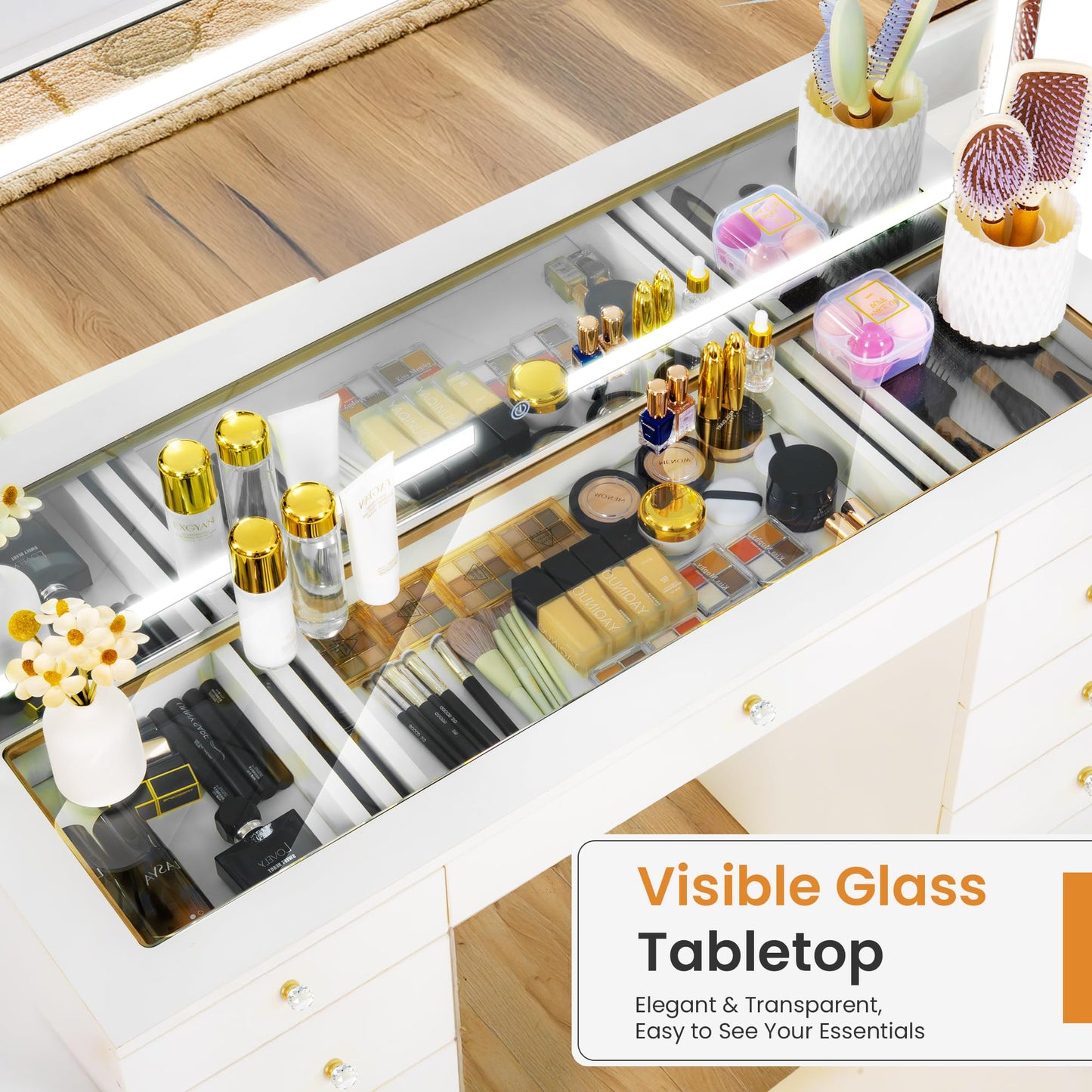 Fkhouse 11 Drawers Glass Top Vanity Desk with Chair, Crystal Handles Makeup Vanity with Mirror and Lights, Dressing Table with Power Outlet, Adjustable Lighting Modes, White