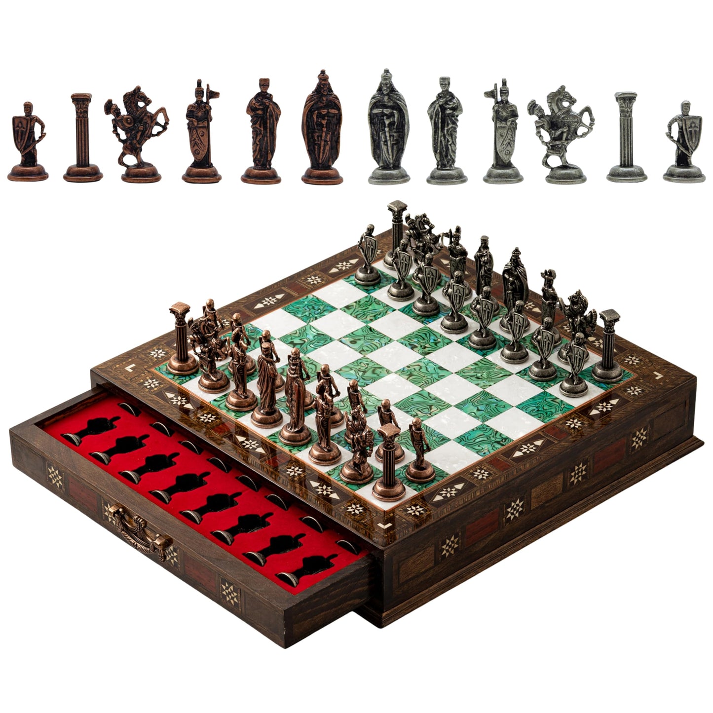 15'' Wooden Chess Set with Metal Chess Pieces – Handmade Storage Chess Board & British Metal Pieces – Elegant Chess Gift for All Ages – Gift for Him (Green)