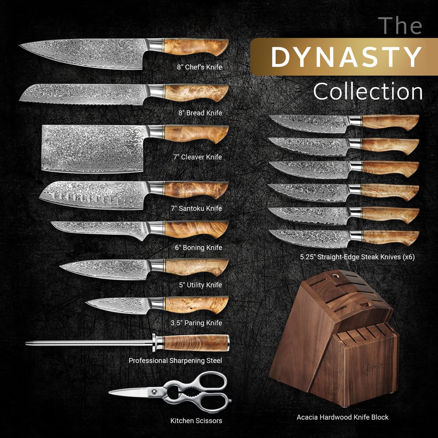 SENKEN 16-Piece Damascus Knife block Set - The Dynasty Collection - Japanese VG10 Damascus Steel with Natural Sycamore Wood Handles, Steak Knives, Scissors, & Sharpening Rod (16-Piece Knife Block Set)