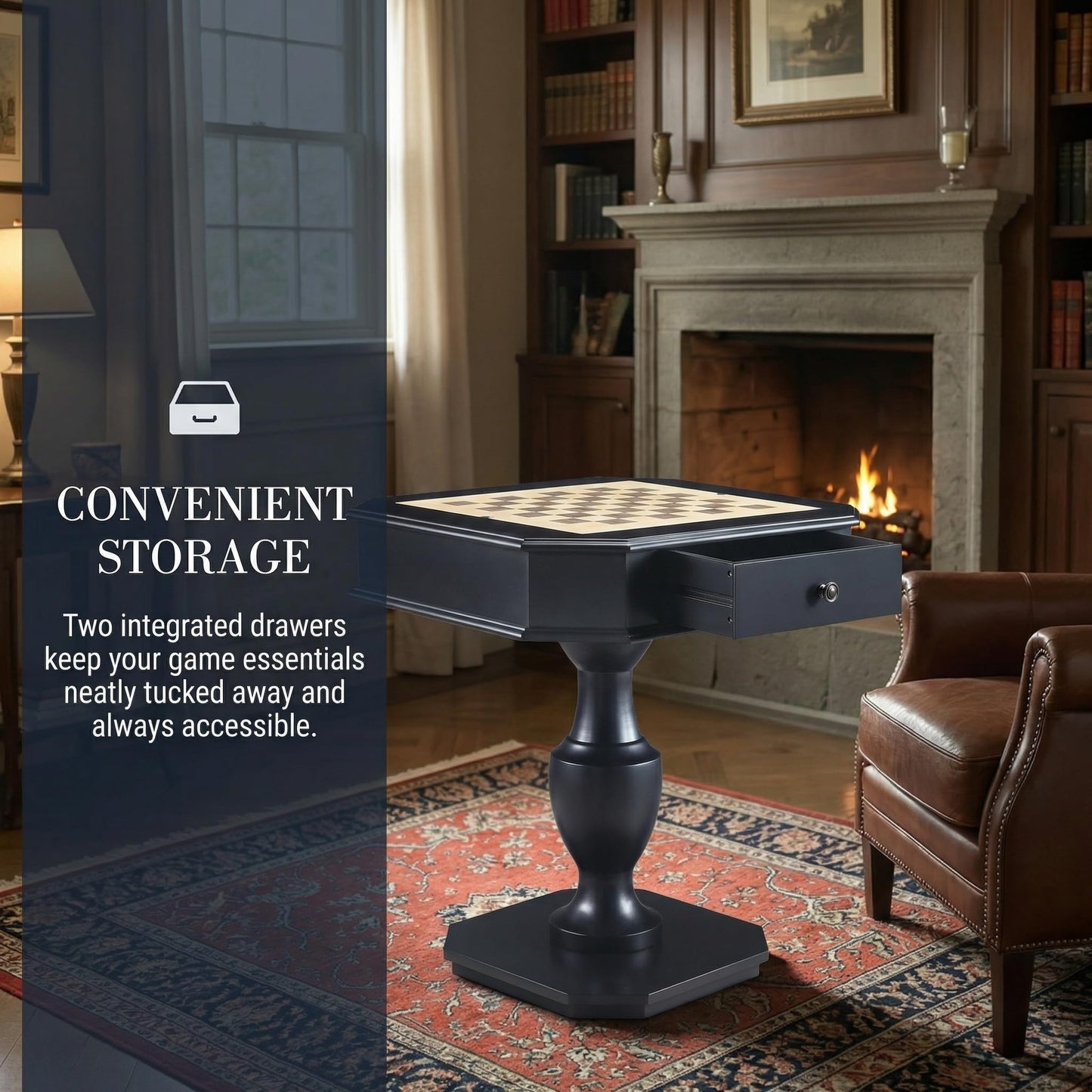 ComeWay Chess Table, Reversible Chess Checker Game Table with 2 Drawers for Family Entertainment Room, 3-in-1 Square Game Tray for Chess Checker Backgammon, Black