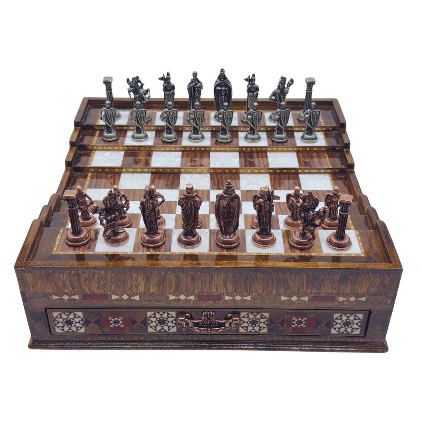 Luxury Handmade Wooden Chess Set with Metal Pieces – Large Walnut & Rosewood Chess Board with Storage Drawers – British Style Chess Pieces for Father’s Day, Birthday, or Christmas