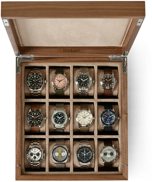 TAWBURY Wooden Watch Case - 12 Slot Wood Watch Box for Men & Women with Protective Fully Lined Interior and 2-inch Wide Pillows for Small & Large Watches (Classic Walnut)