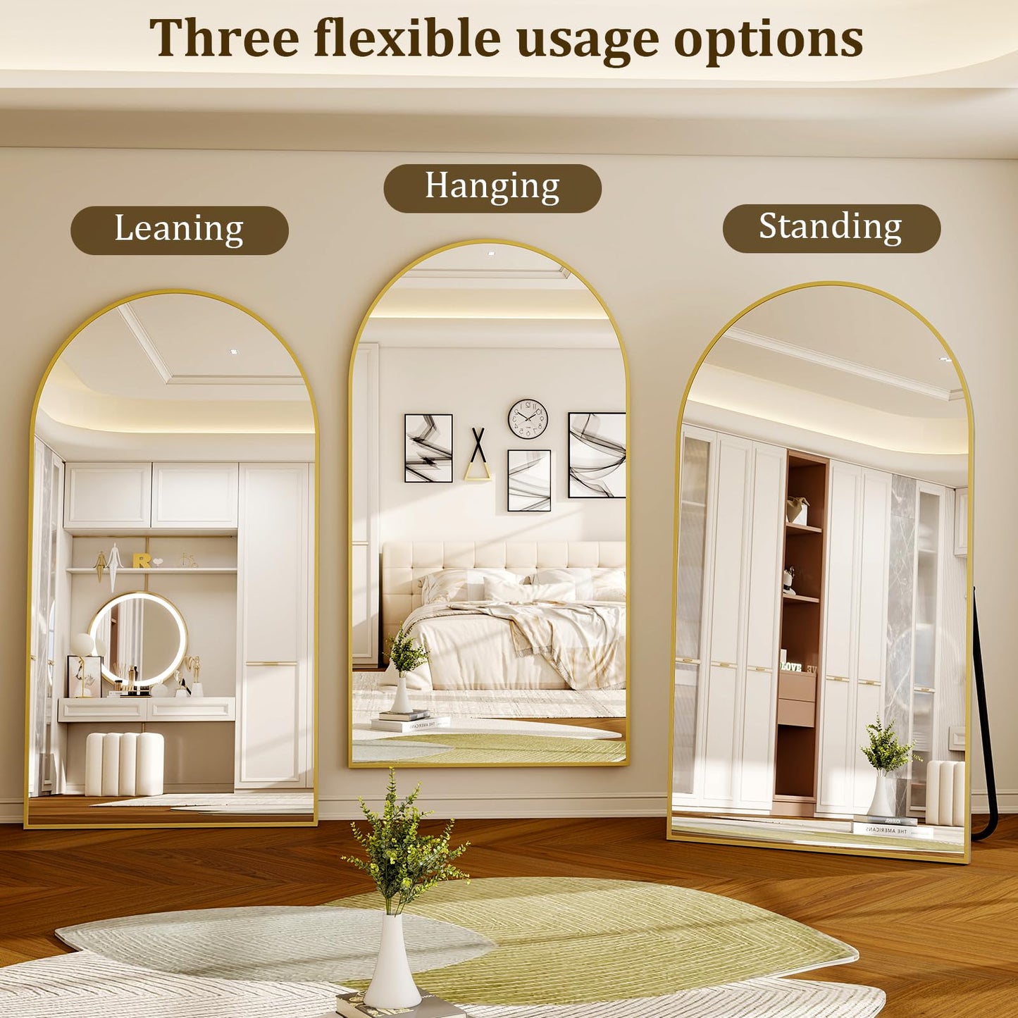 Riskioir 86" x 40" Large Arch Full Length Mirror - Floor Full Body Mirror with Aluminum Frame - Standing, Leaning or Hanging, for Bedroom, Living Room, Gold