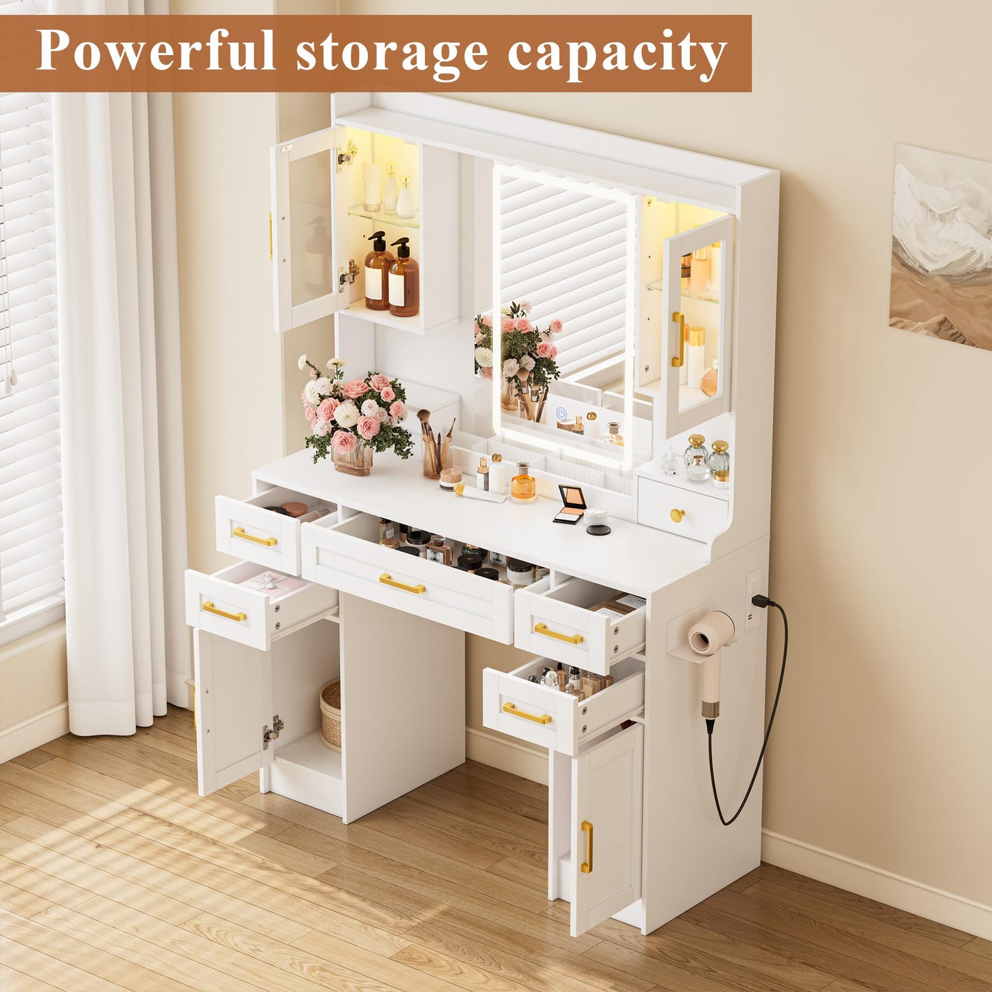 NUNU LAB Large White Vanity Desk with Mirror and Lights with 5 Drawers, Women Makeup Table with Power Outlet, 3-Color Adjustable Lighting for Bedroom Brown