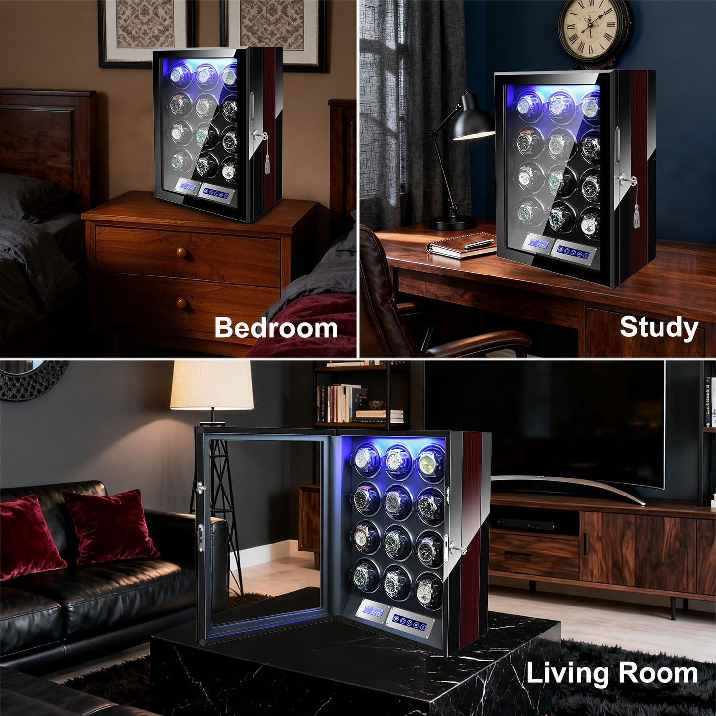 LELTNSOU Watch Winder for 12 Winding Spaces Automatic Watches, Ultra-Quiet Japanese Motors, Built-in LED Illumination and LCD Touchscreen Control