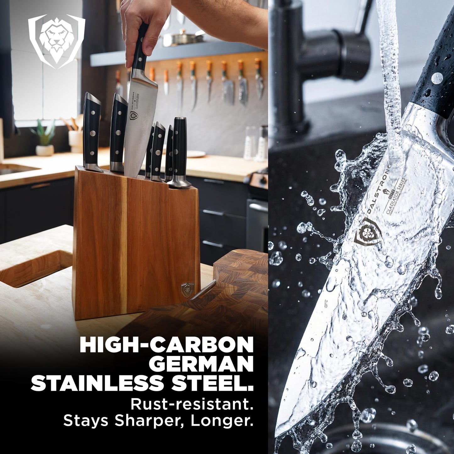 Dalstrong 8-Piece Knife Block Set — German High-Carbon Steel, Full-Tang, Hand-Polished 14–16° Edge — Gladiator Series For First Real Kitchens, New Homeowners & Apartment Cooks — Acacia Block, NSF
