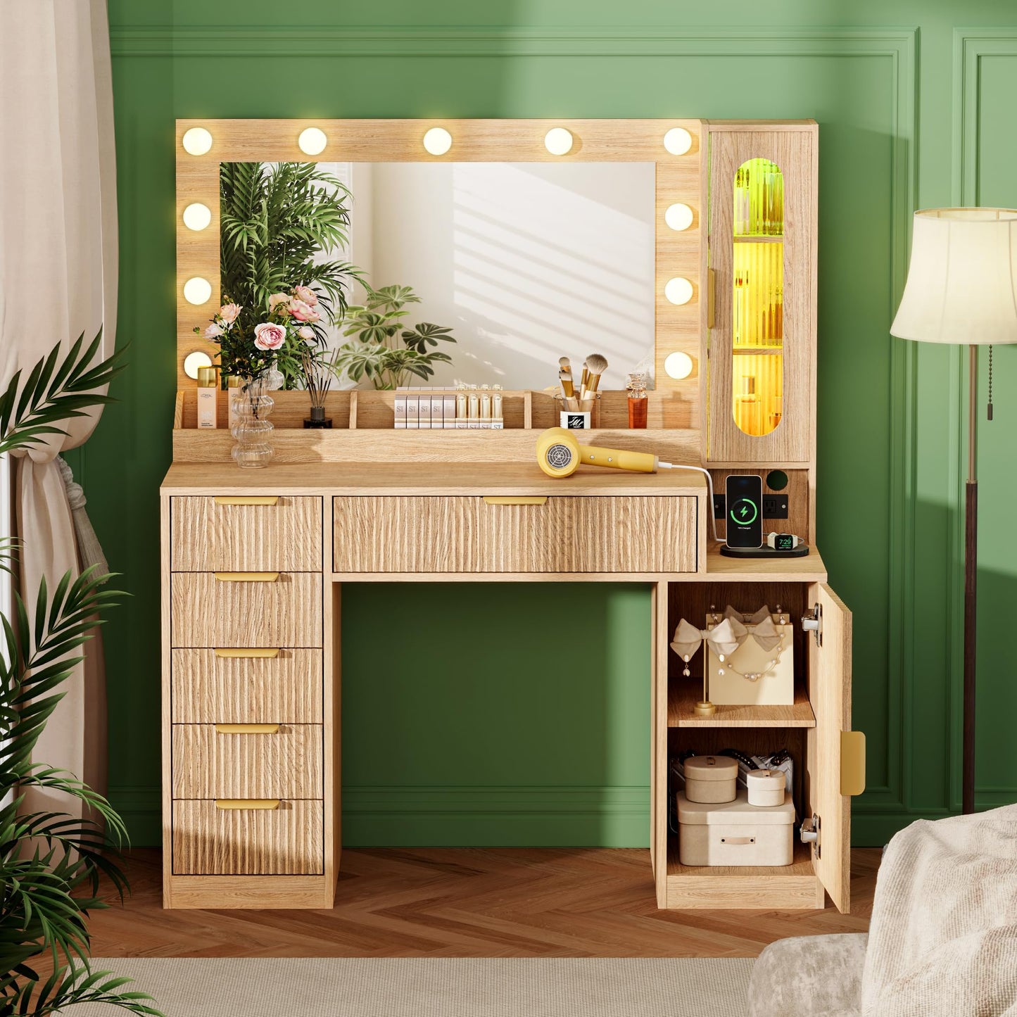 Fkhouse Fluted Makeup Vanity Desk with Large 31.4" Mirror and Sound Sync RGB Lights, Wood Vanity with 6 Drawers, 2 Cabinet & 3 Compartments, Charging Station, Bedroom Dressing Table, Natural Oak