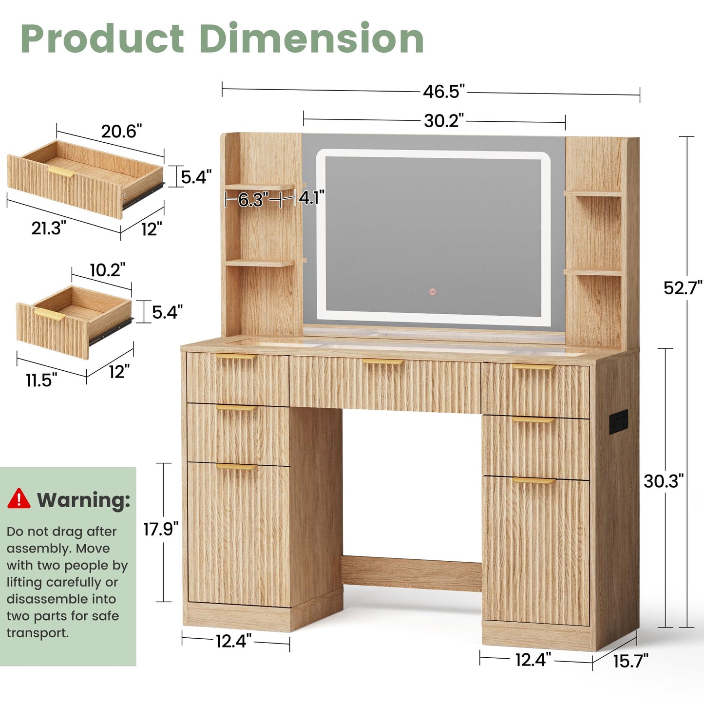 Fkhouse Fluted Vanity Desk with 30.2" Mirror and Lights, Glass Top Makeup Vanity with Desktop Light Strips, 5 Drawers, 2 Cabinet & 6 Open Shelves, Power Outlet, Lighting Adjustable,Natural