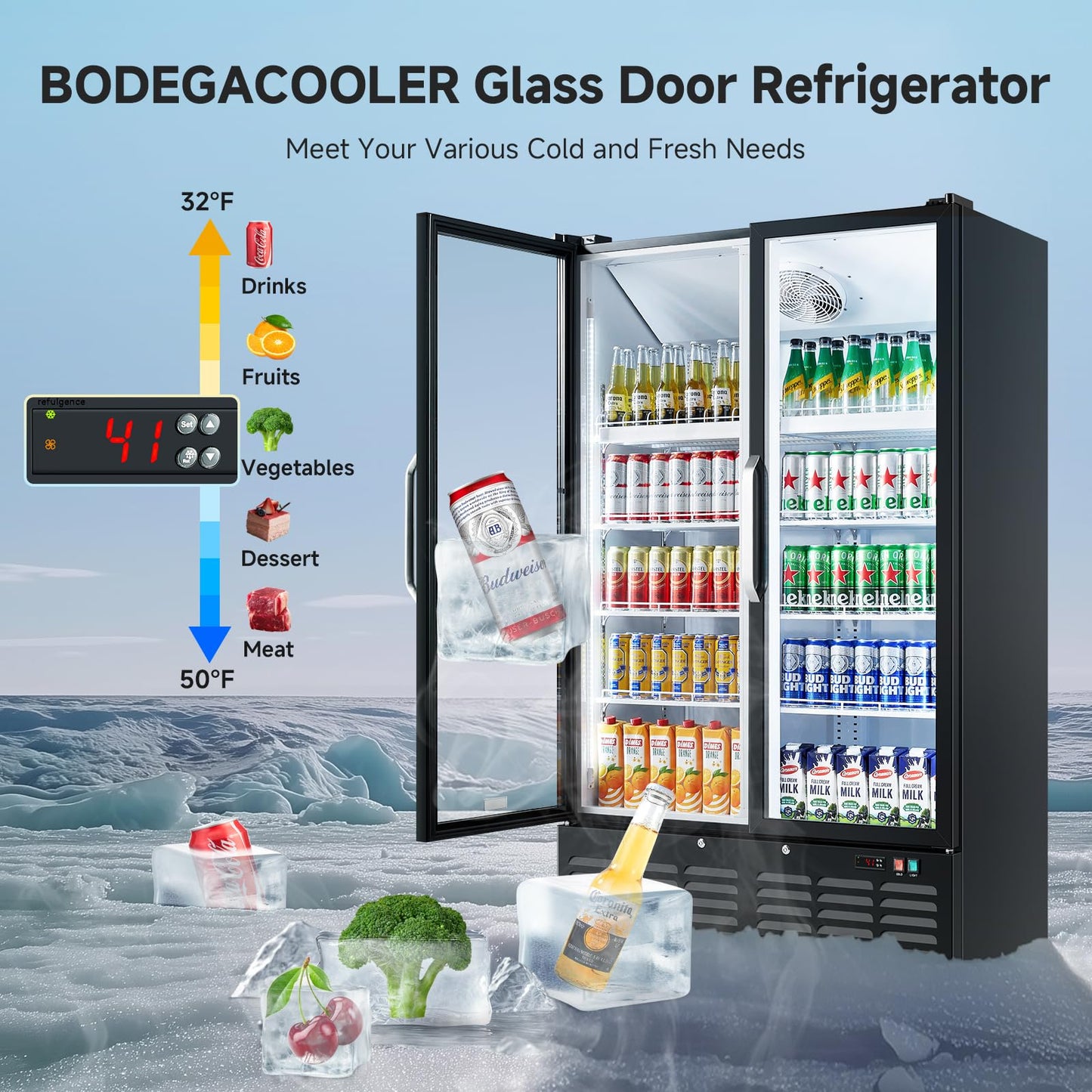BODEGACOOLER Commercial Merchandiser Refrigerator, 27.02 Cu.Ft Double Glass Door Beverage Cooler, Upright Display Refrigerator with Soft LED Light, Adjustable Shelves, 4 Heavy-Duty Casters, Black