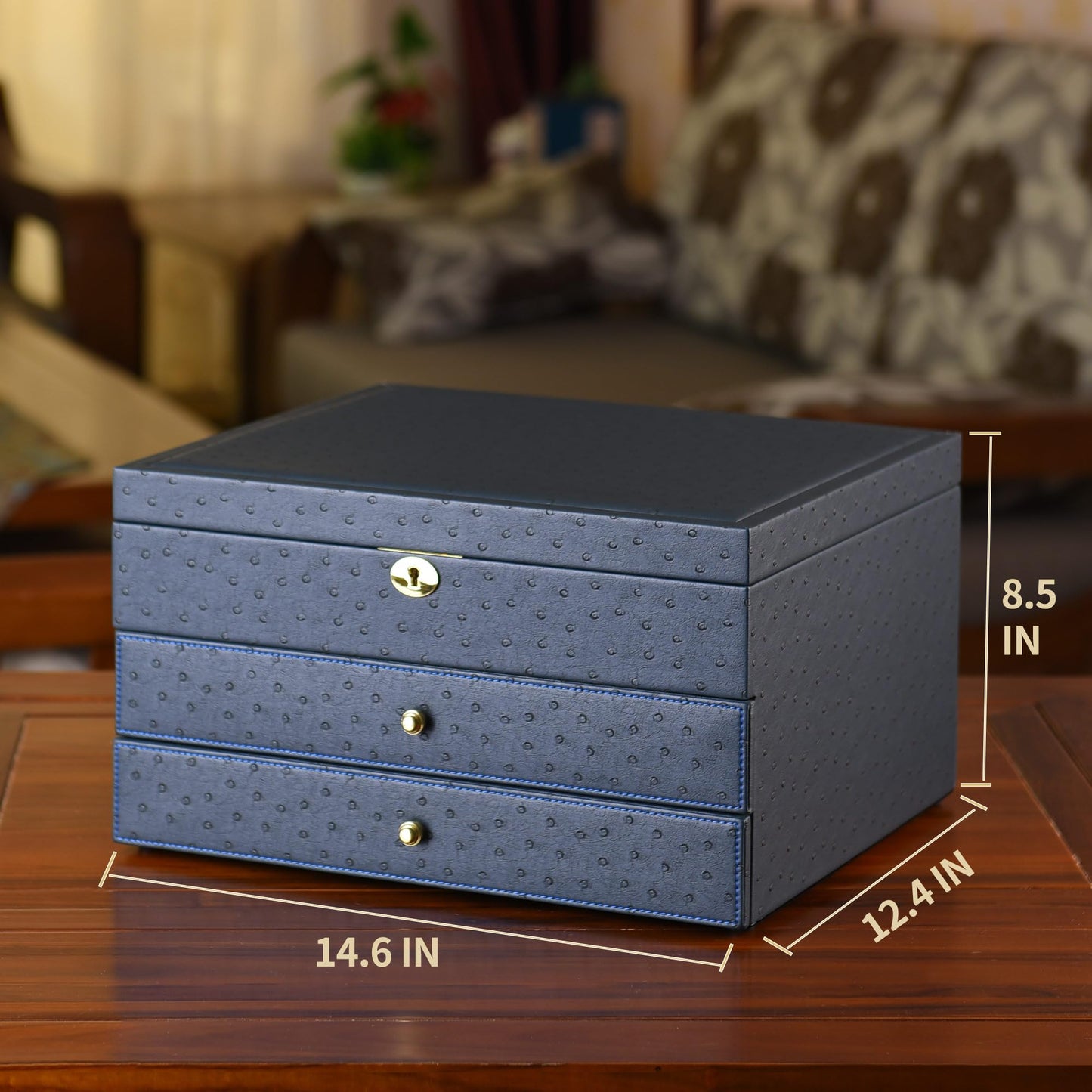 SYENS Luxury Sunglasses Organizer, 24 Slot Glasses Storage Box for Women Men, PU Leather Box for Eyeglass Display Case (Blue Ostrich skin PU)