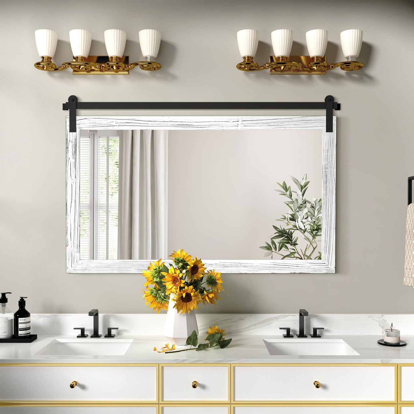 COGOOD Farmhouse Bathroom Mirror - 45 x 30 Large Rectangle Barn Door Mirror for Vanity, Bedroom, Living Room Wall Decor (White)