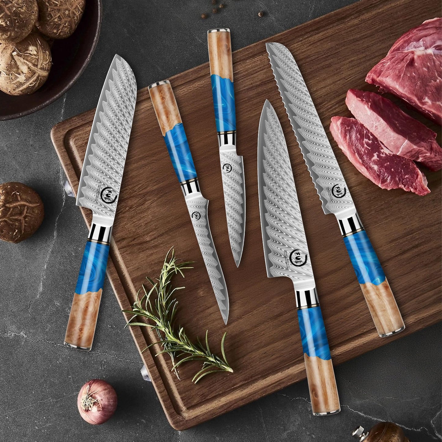 Fukep 5 Piece Damascus Knife Set, Professional Japanese Knife Set with Japanese VG 10 Steel Core, Blue Resin Handle, Includes Chef, Santoku, Bread, Boning & Paring Damascus Knives in Gift Box