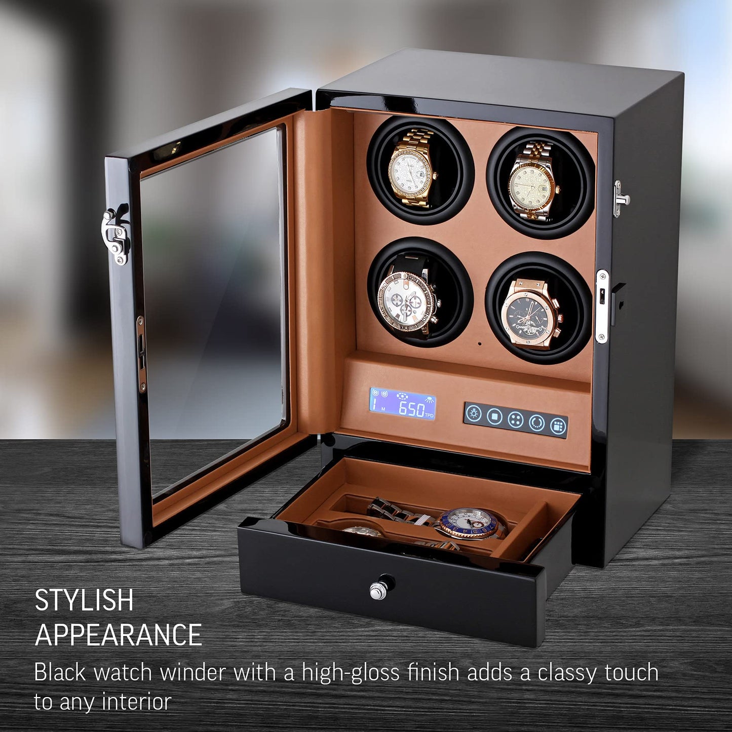 Automatic Watch Winder with LED Light, Storage Drawer and LCD Touchscreen Control (Black + Brown)