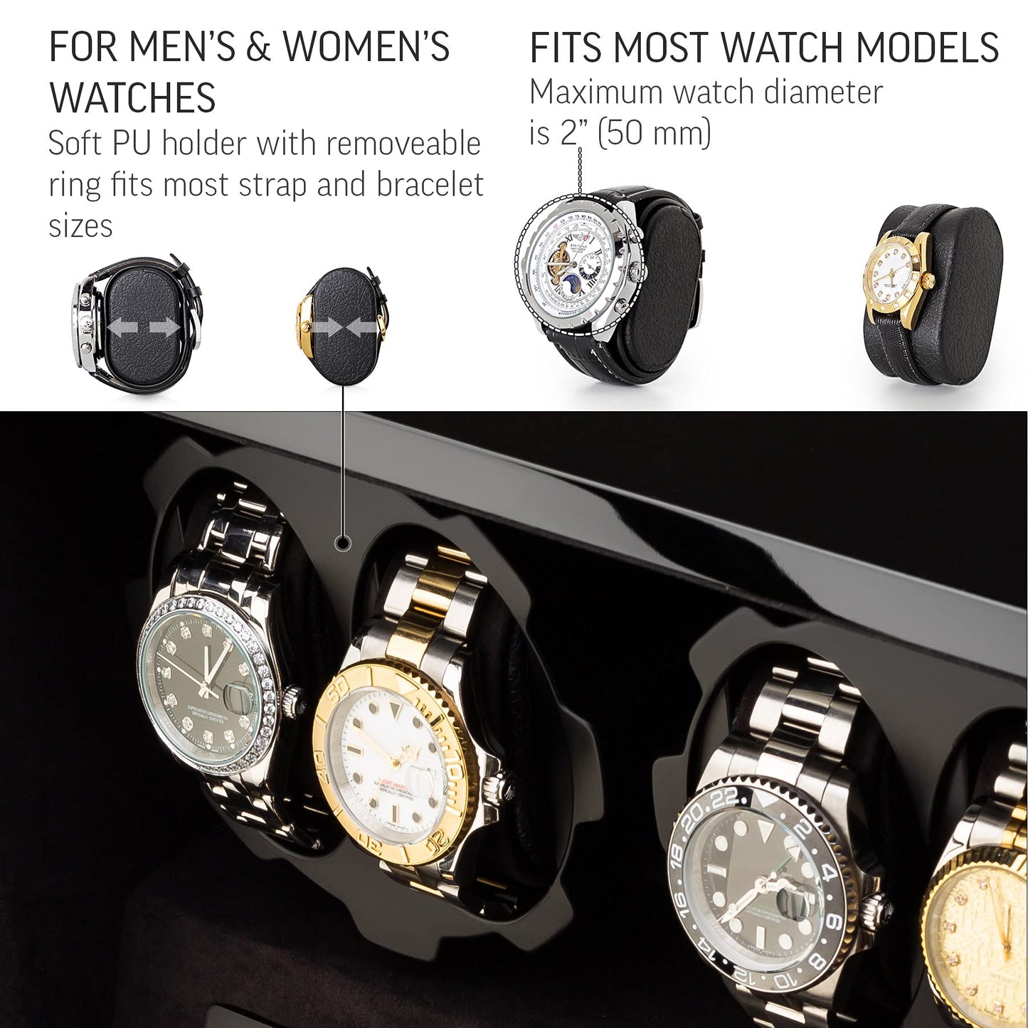4 Watch Winder with 5 Watch Storage Space, LCD Display, Touch Control and Interior Light (Black + Black Velvet)
