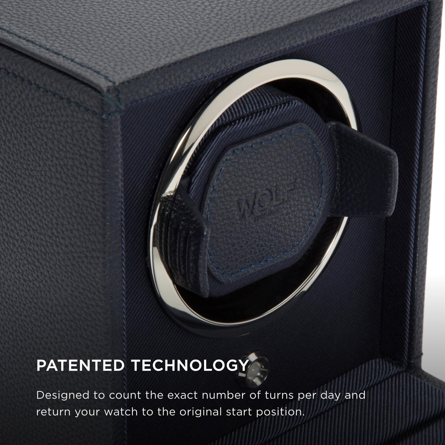 Wolf Cub Single Watch Winder with Glass Cover, Navy - Secure Fit with Patented Lock-in Dynamic Cuff - Accommodates All Wrist Sizes - Vegan Leather - Includes Universal Adapter