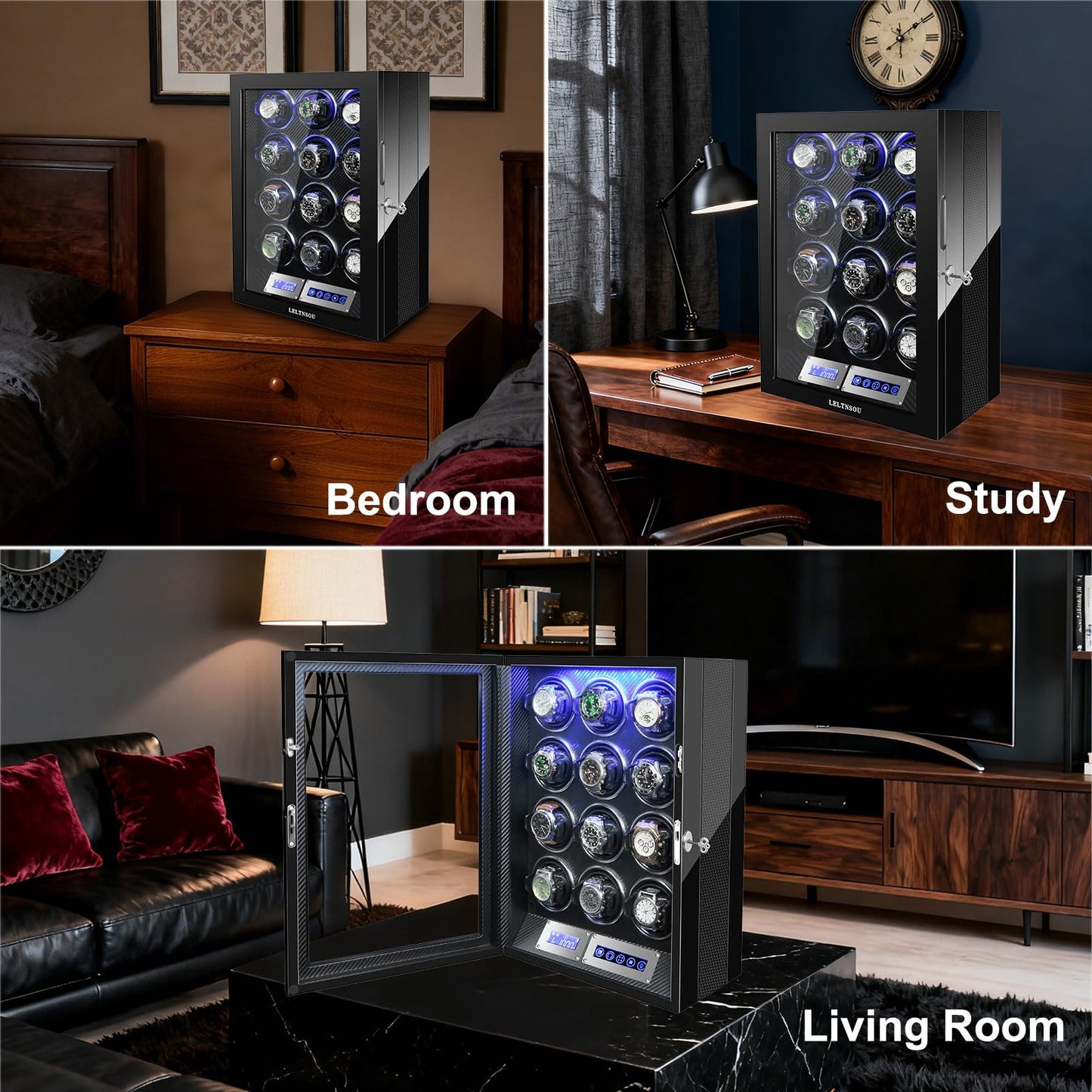 LELTNSOU Watch Winder for 12 Winding Spaces Automatic Watches, Ultra-Quiet Japanese Motors, Built-in LED Illumination and LCD Touchscreen Control