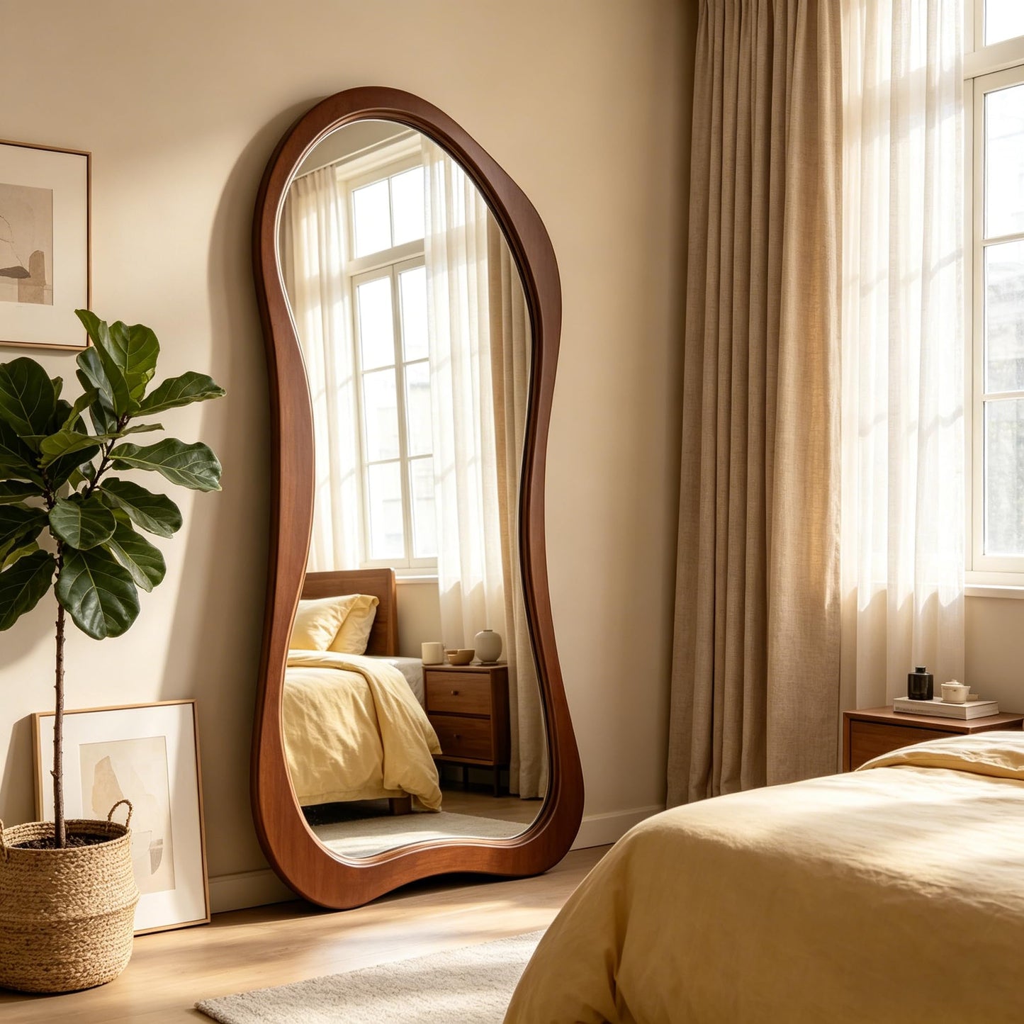 DAOYIJIAJU Large Irregular Mirror, 67"x31.5" Asymmetrical Full Length Mirrors with Solid Wood Frame, Premium Aesthetic Floor Mirror for Living Room Entryway Hallway Bedroom Cloakroom, Leaning/Hanging