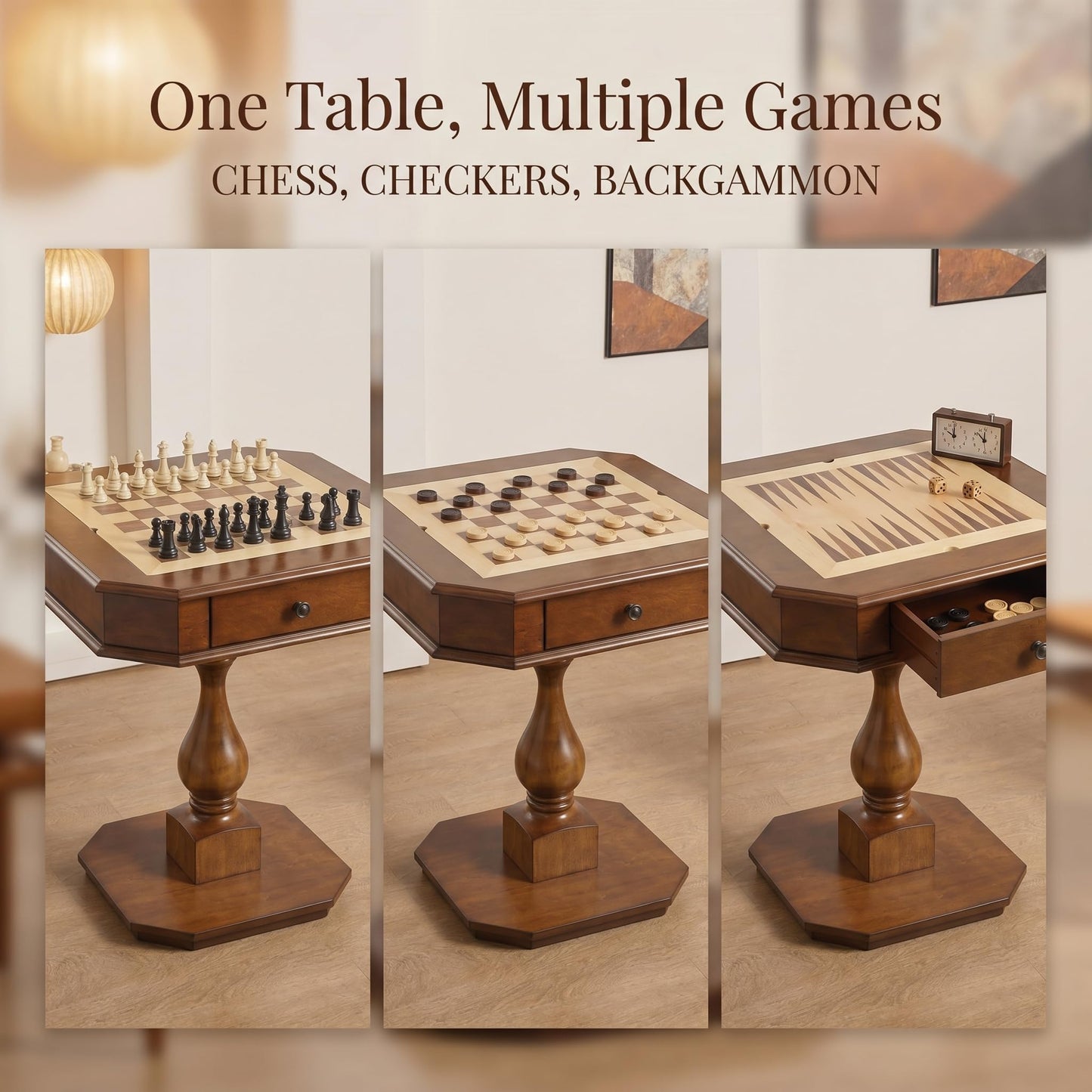 ComeWay Chess Table, Reversible Chess Checker Game Table with 2 Drawers for Family Entertainment Room, 3-in-1 Square Game Tray for Chess Checker Backgammon, Cherry Finish