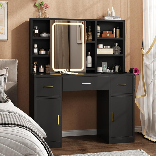 knoworld Vanity Desk with Sliding Mirror & LED Lights, Smart Makeup Table with Charging Station, Hairdryer Holder, 7 Shelves, 3 Drawers, 2 Cabinets, Vanity with Extra Hidden Stroage for Bedroom,Black