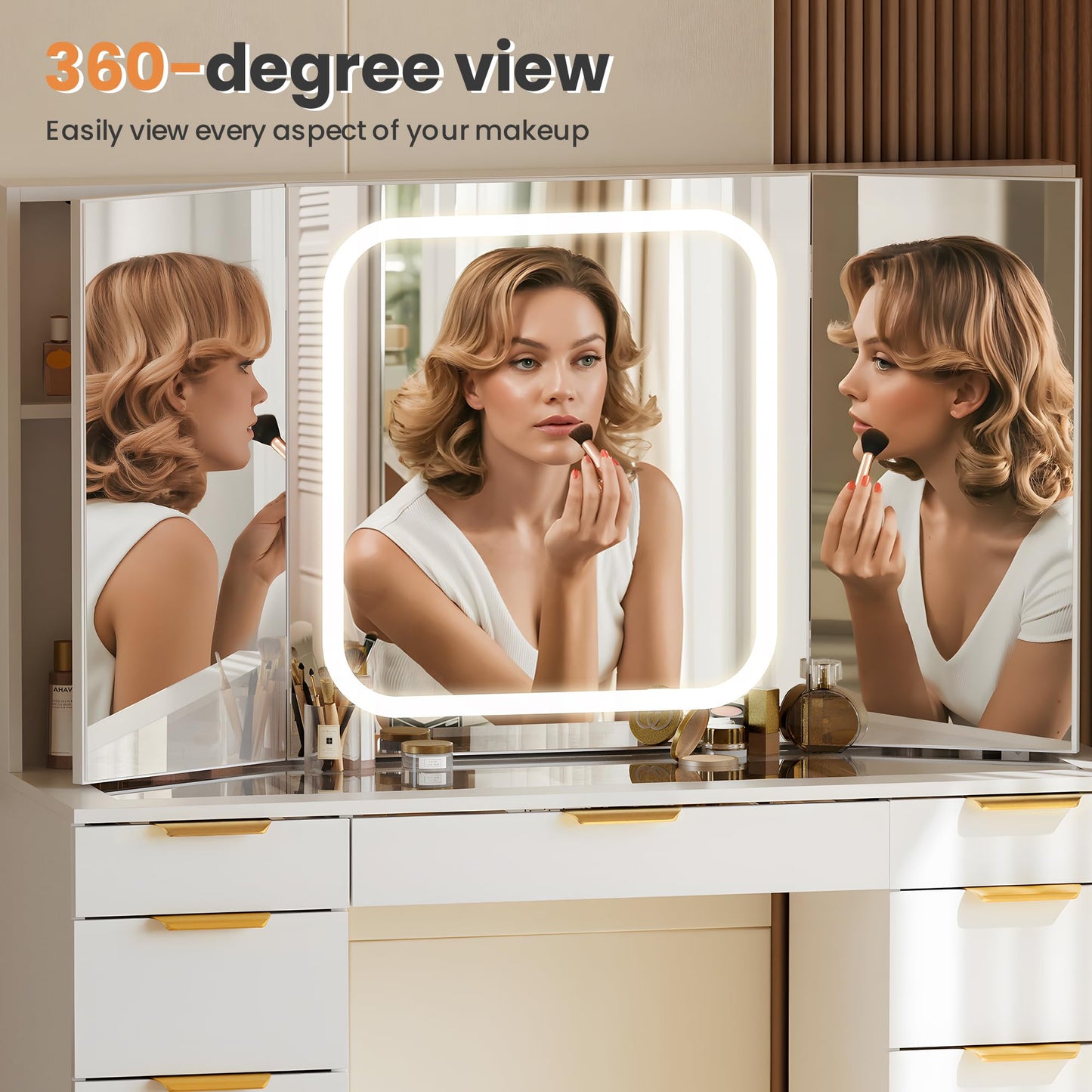 Pamapic Glass Top Makeup Vanity Desk with Foldable Mirror and Lights, 11 Drawers Vanity with Chair and Power Outlet, 3 Lighting Modes Makeup Table, Golden Handles, White