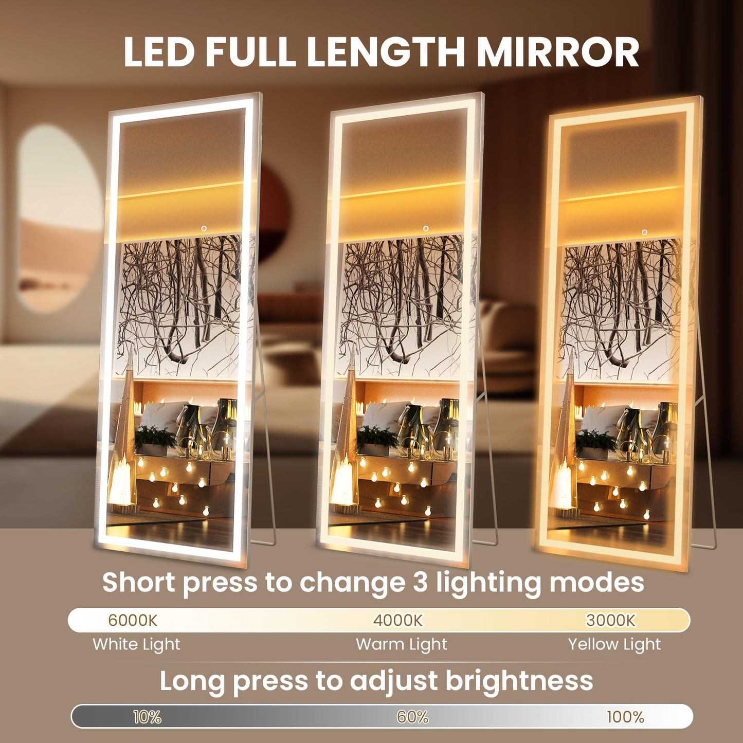 Pertetey 79x36 Inch LED Full Length Mirror with Lights, White Frame Dimmable & 3 Color Modes Floor & Wall Mounted Long Mirror