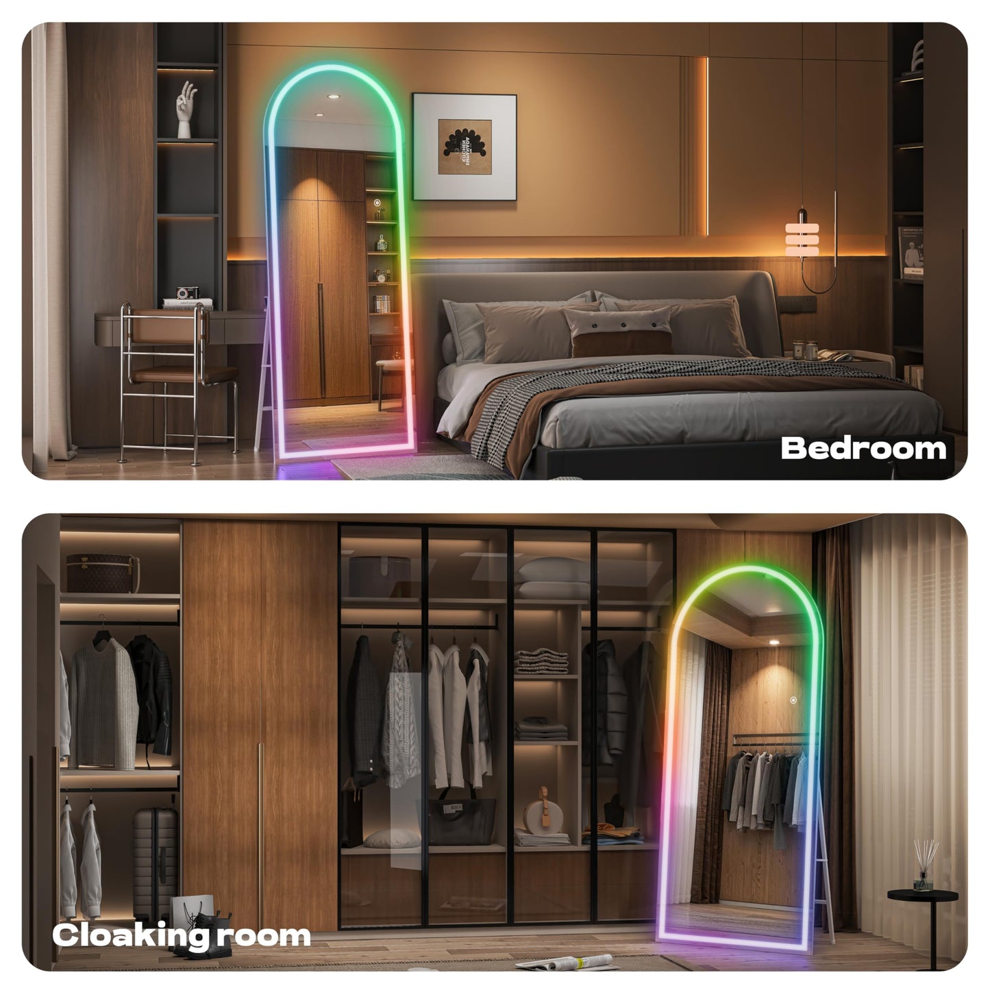 Hasipu Arch Full Length Mirror 79 x 36 in with Stand — Arch LED RGB Full Body Mirror, 7 Lighting Modes, Dimmable, Built‑in Bluetooth Speaker, White Frame for Bedroom Dressing Room