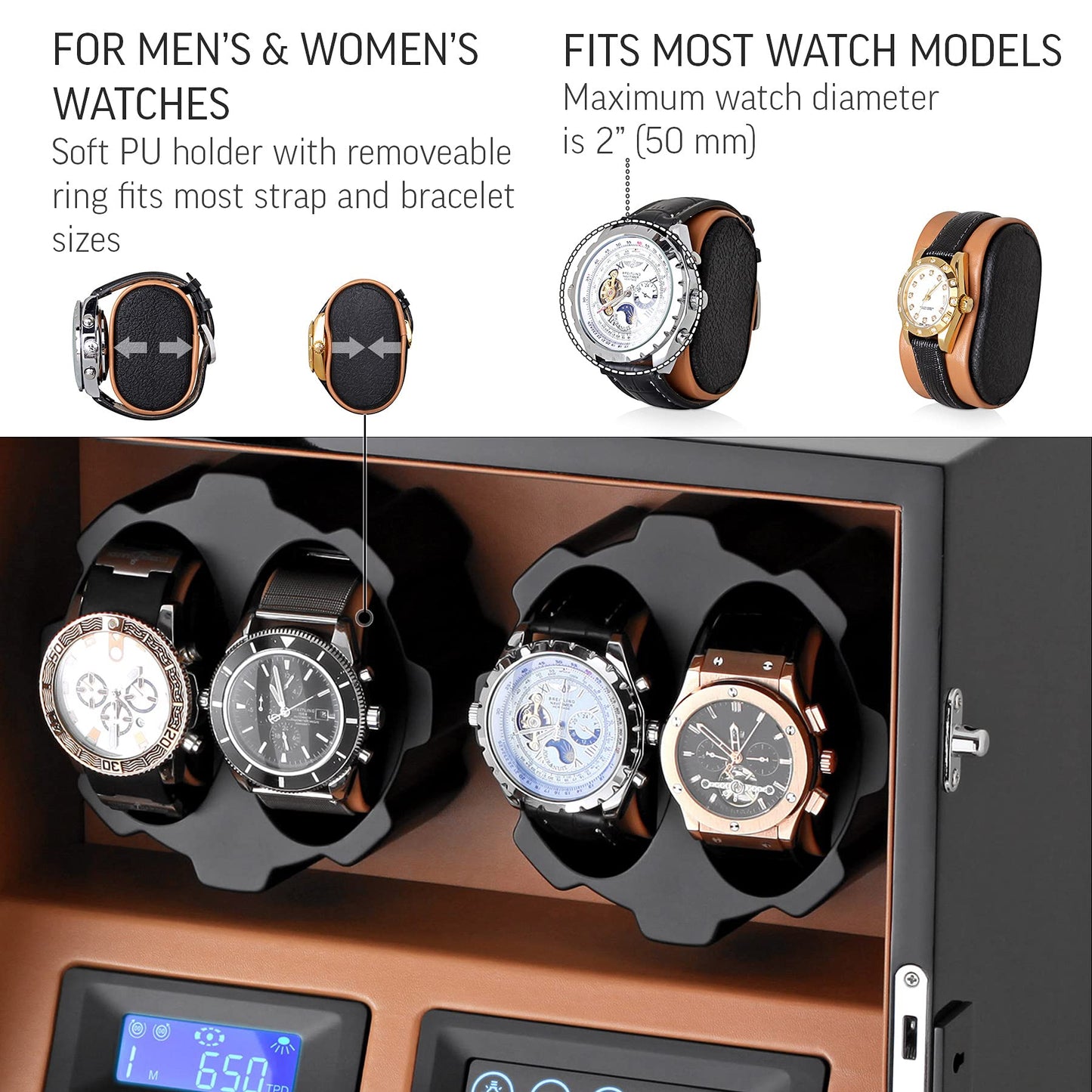 4 Watch Winder with 5 Watch Storage Space, LCD Display, Touch Control and Interior Light (Black + Brown)