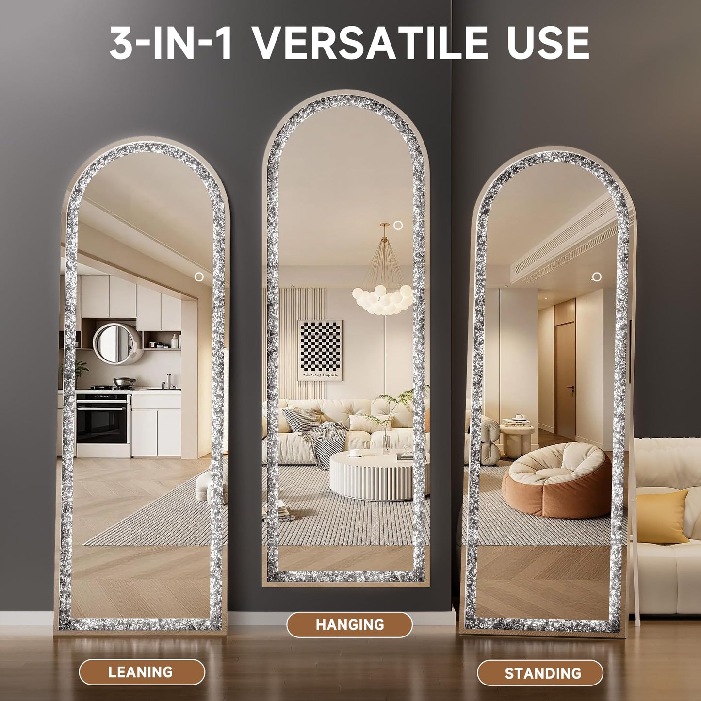 WINNICE 71"×24" Full-Length Mirror with Lights- Arch Crystal Crush Diamond Wall Mounted Hanging Diamond Mirror Leaning for Living Room Bedroom